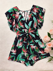 Women's Plus Tropical Print Ruffle Sleeve V Neck Knot Romper