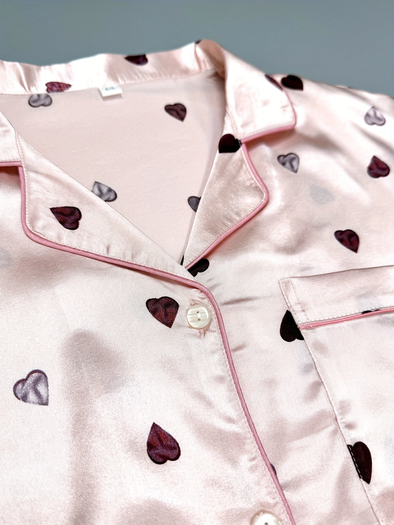 Heart Print Nightdress Short Sleeve Lapel Buttons Sleep Dress Women's Sleepwear