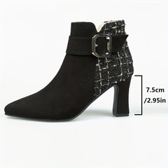 Women's Tweed High Heel Ankle Boots with Buckle Strap