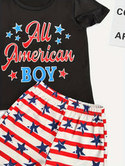 Boys 2pcs T shirt & Shorts Set ALL AMERICAN BOY Stripe Star Crew Neck Tee