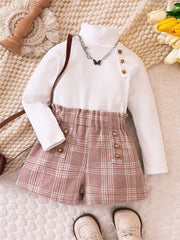 2pcs Girls Long Sleeves High Neck Top & Plaid Skirt Set