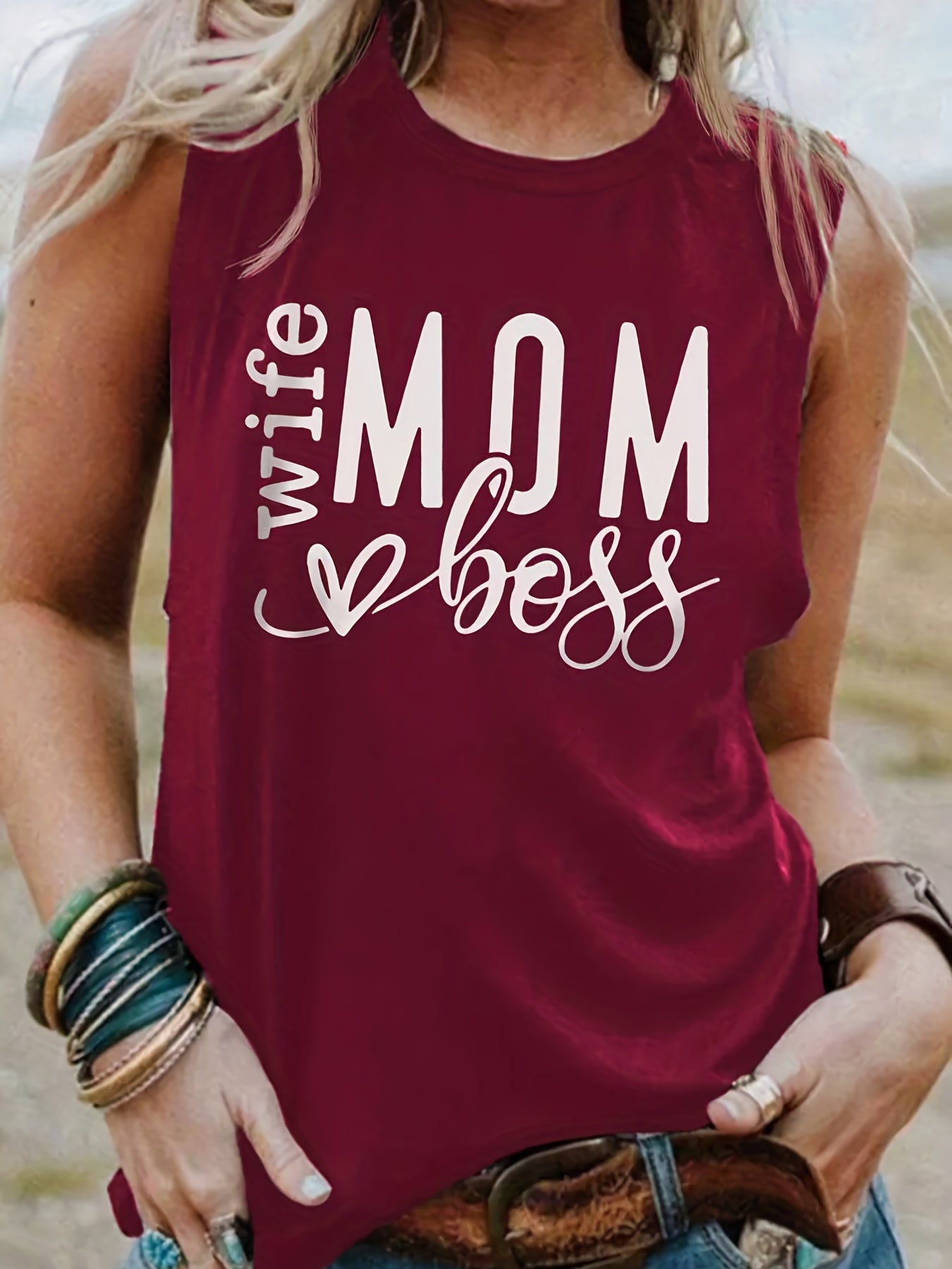 Mom Letter Print Tank Top Crew Neck Sleeveless Summer Top