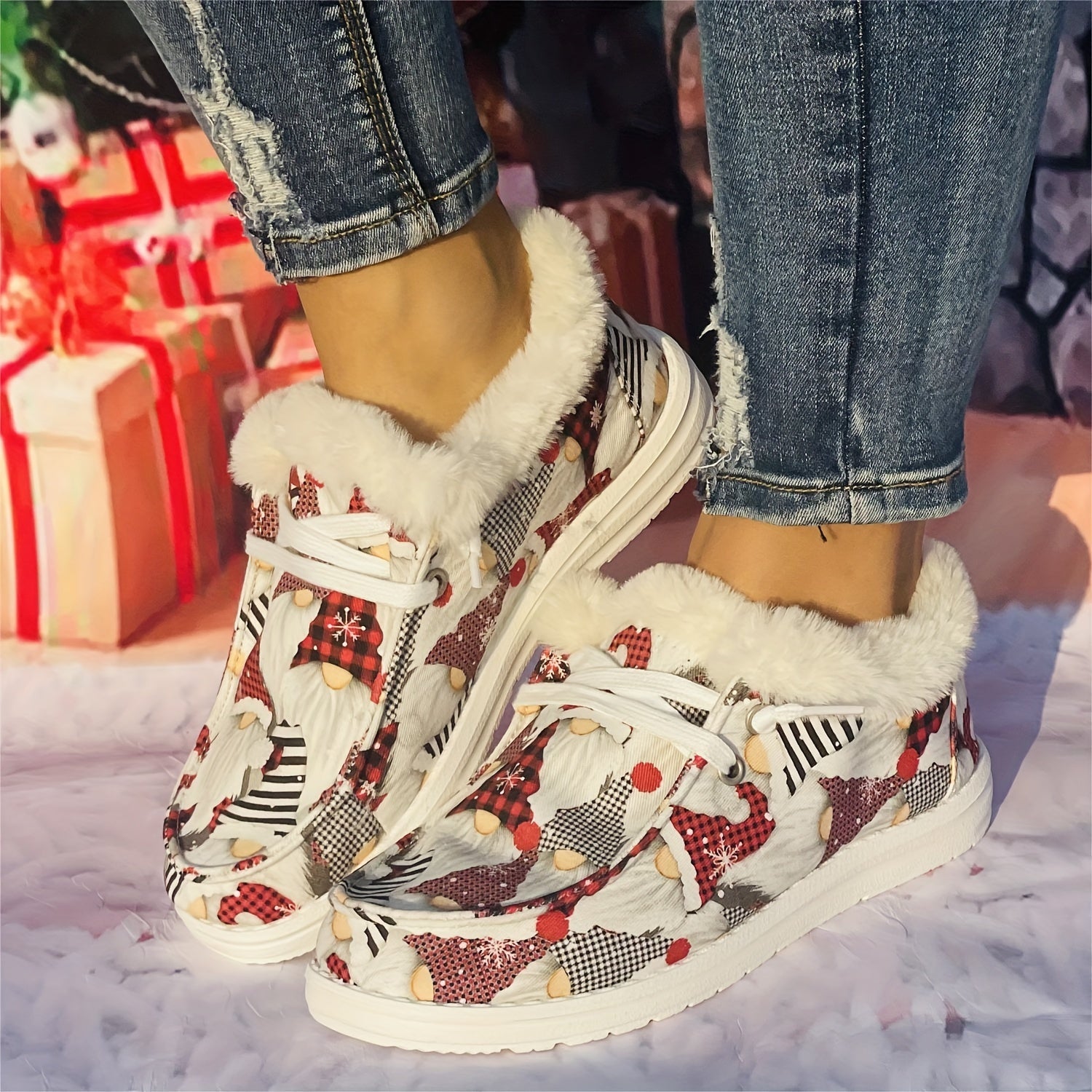 Christmas Elements Pattern Women's Snow Boots Flat Warm Winter Canvas Shoes