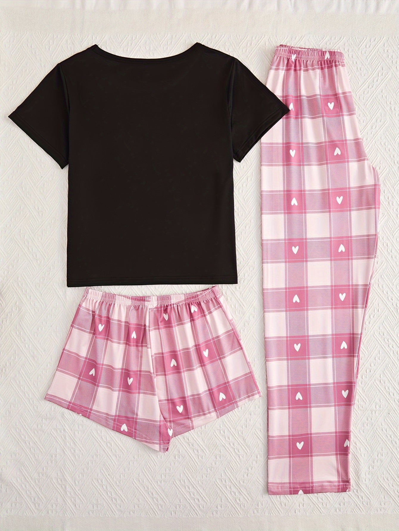 Heart Print Pajama Set Crew Neck Top & Shorts & Plaid Pants