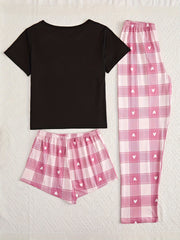 Heart Print Pajama Set Crew Neck Top & Shorts & Plaid Pants