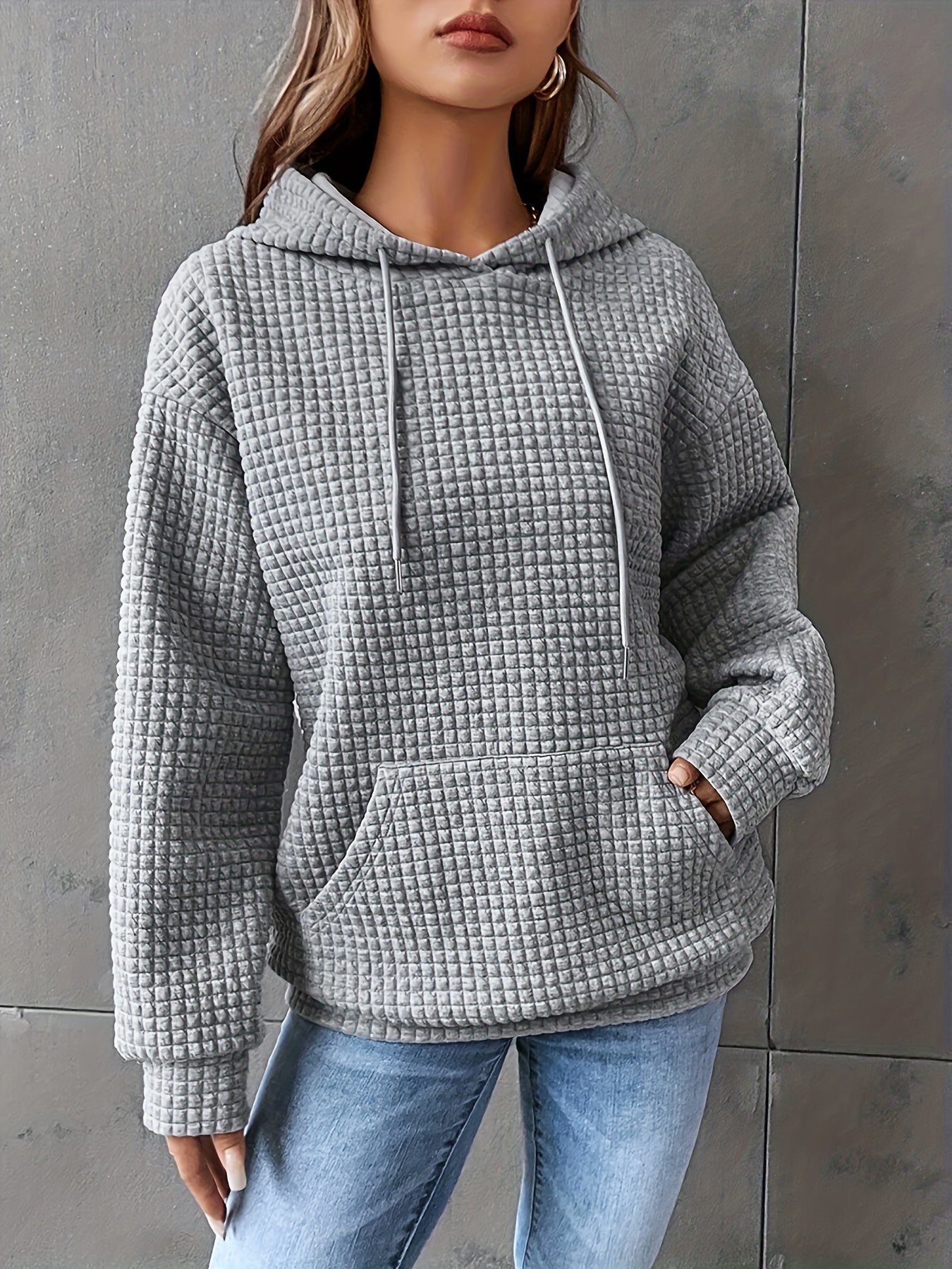 Popcorn Style Textured Kangaroo Pocket Hoodie Women's Sweatshirt