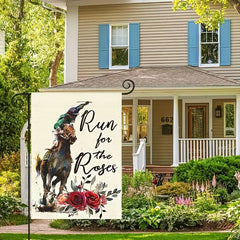 Run For The Roses Horse Race Garden Flag - Burlap Yard Decoration