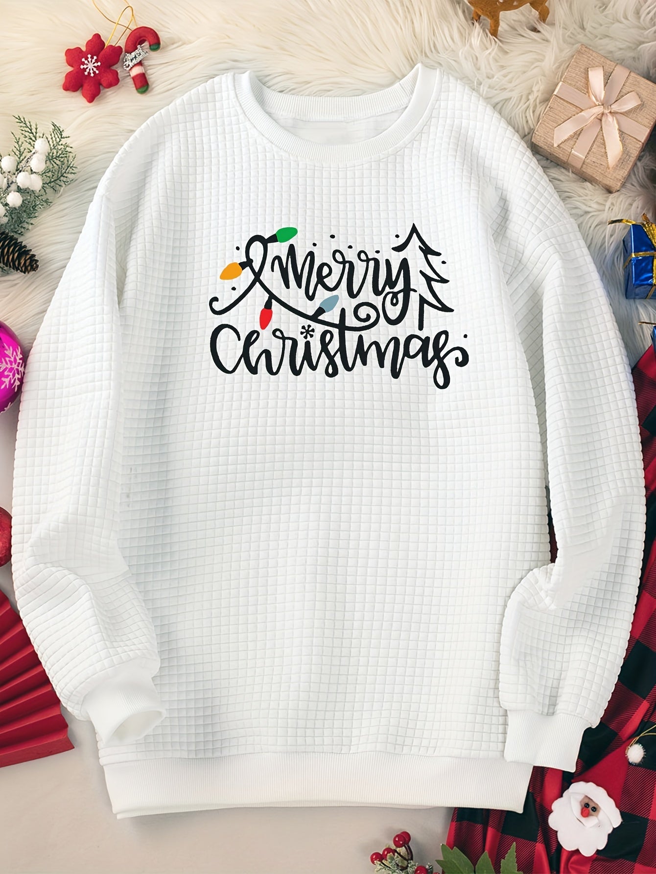 Christmas Lounge Top Women's Plus String Lights & Letter Print