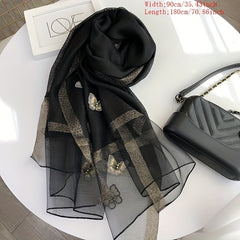 Plaid Pattern Scarf Butterfly & Faux Pearl Decor Shawl Wrap Head Wrap