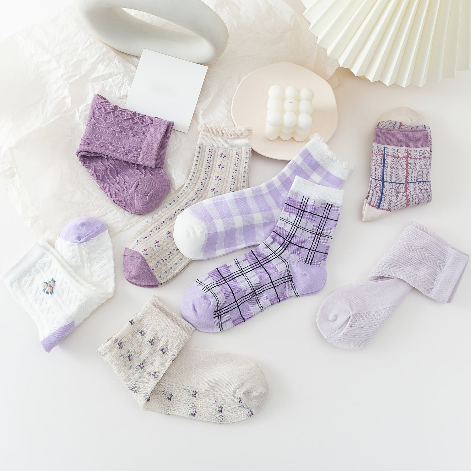 8 Pairs Floral Print Gauze Socks Retro Style Mixed Pattern Comfy Socks