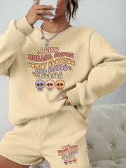 Women's Letter & Graphic Print 2pcs Set Sweatshirt & Shorts Outfit