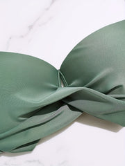 Green Twist Tie Back Bikini Top V Neck High Strech Spaghetti Straps Beachwear