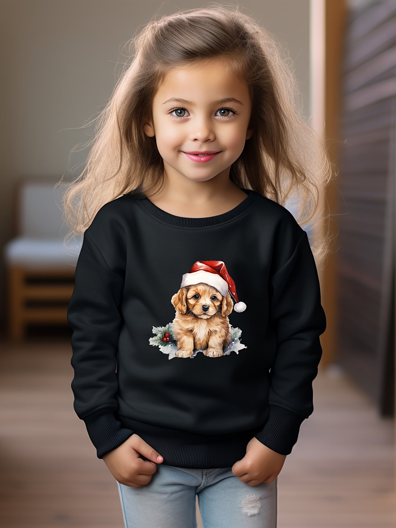 Christmas Dog Print Girls Casual Pullover Sweatshirt Long Sleeve Crew Neck Tops
