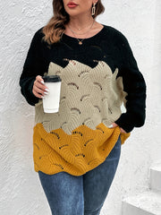 Colorblock Eyelet Embroidered Boat Collar Sweater