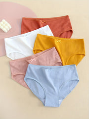 5 Pack Plus Size Casual Panties Set Women's Plus Comfort Solid Mini Bow Ribbed