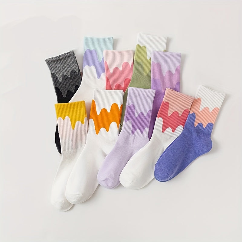 10 Pairs Colorblock Crew Socks Comfy & Breathable Women's Stockings
