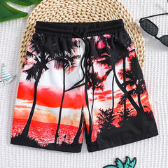 Coconut Trees Pattern Drawstring Boys Beach Trunks Kids Swimming Shorts