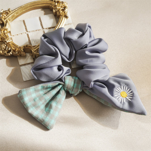 Daisy Embroidered Hair Ties Double Layer Bow Knot Hair Scrunchies