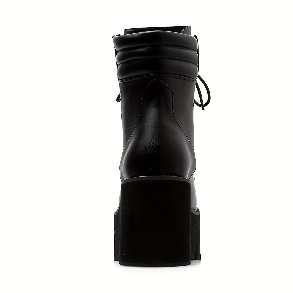 Women's Side Zip Platform Boots Lace Up Round Toe Shoes
