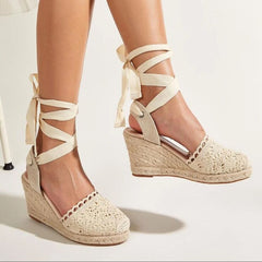 Women's Lace Up Wedge Espadrilles Sandals Lightweight Cross Strap Beach Shoes