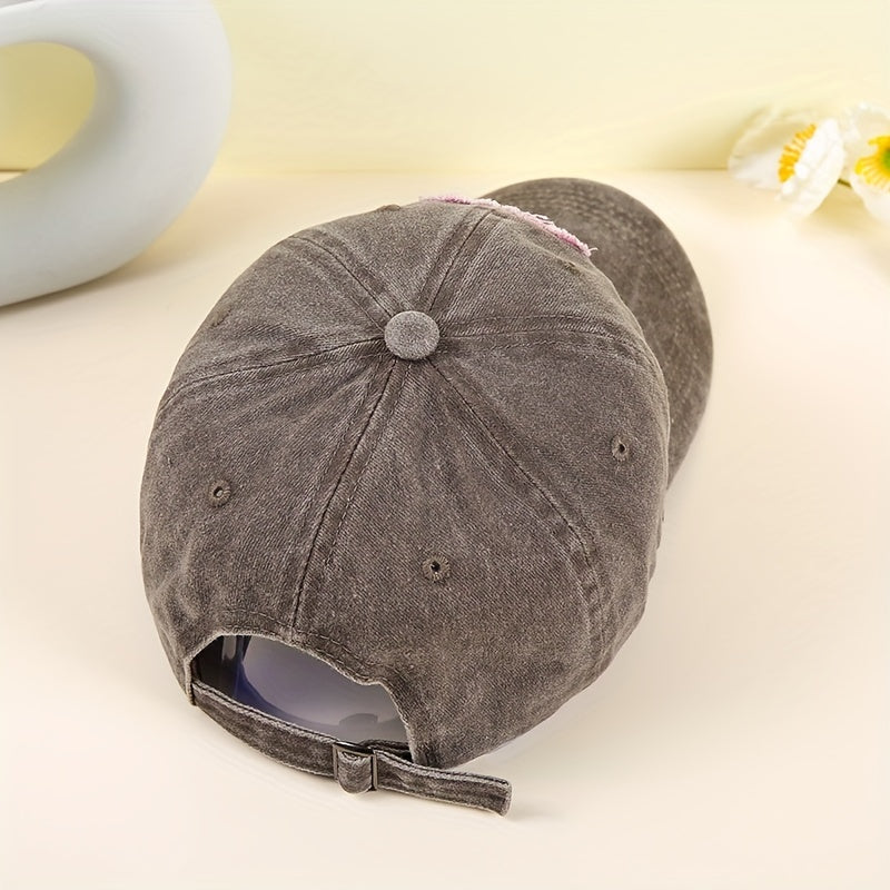Paris Embroidery Baseball Cap Gray Heart Patch Distressed Dad Hat