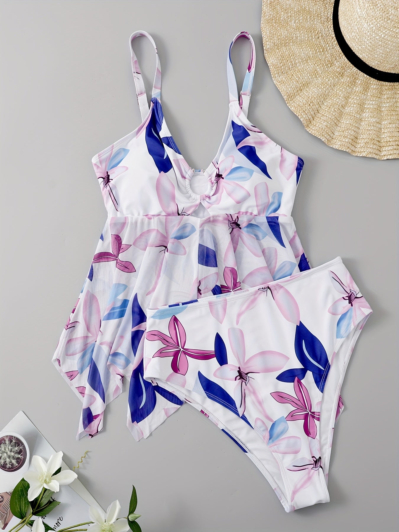 Floral Print Tankini Set Women's Ring Cut Out Swimsuit Two Piece Set