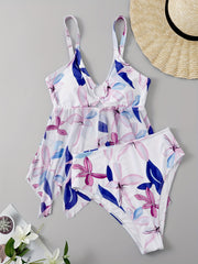 Floral Print Tankini Set Women's Ring Cut Out Swimsuit Two Piece Set