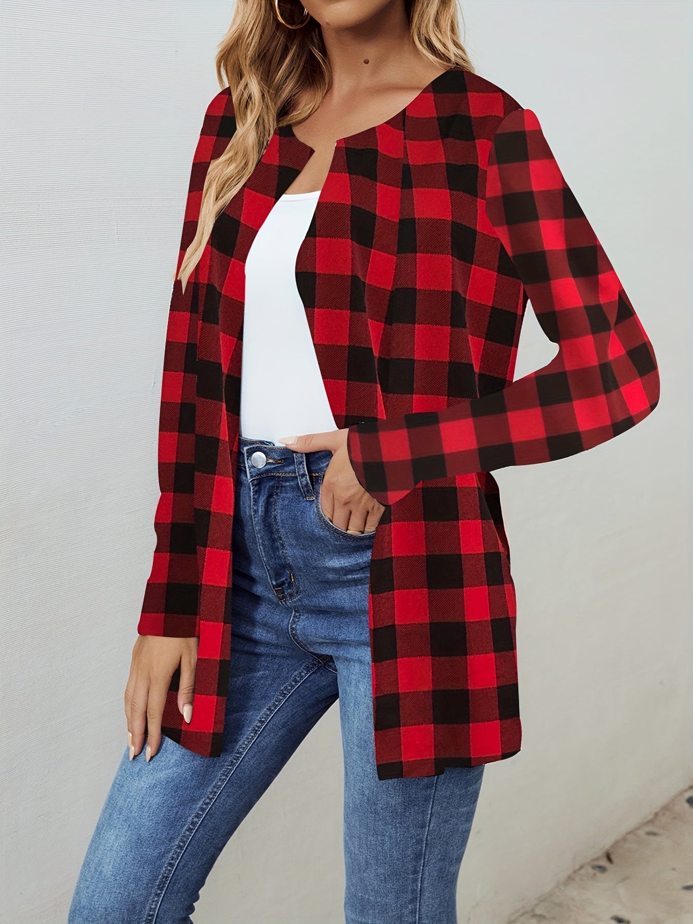 Plaid Crew Neck Jacket Casual Open Front Long Sleeve Jacket