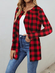 Plaid Crew Neck Jacket Casual Open Front Long Sleeve Jacket