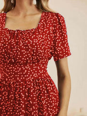 Heart Print Midi Dress Square Neck Drop Shoulder A Line Dress