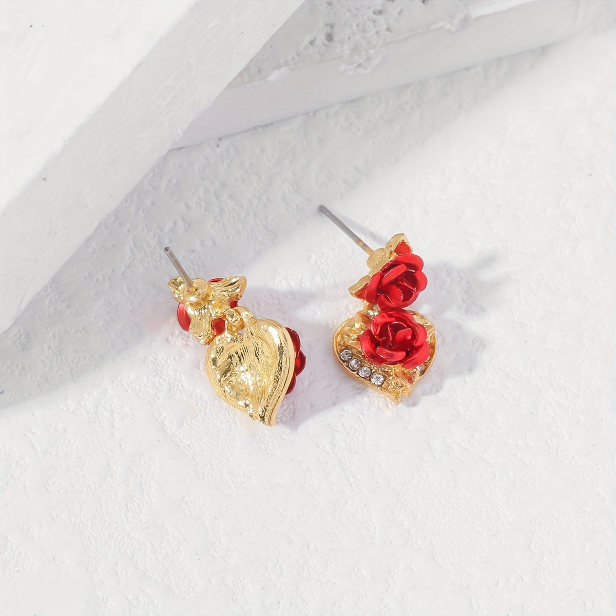 Heart Rose Flower Stud Earrings Rhinestone Decor