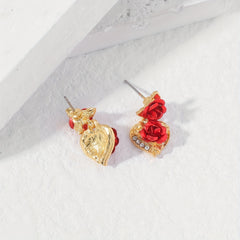 Heart Rose Flower Stud Earrings Rhinestone Decor