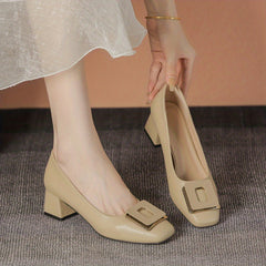 Women's Square Toe Mid Heels Slip On Work Shoes