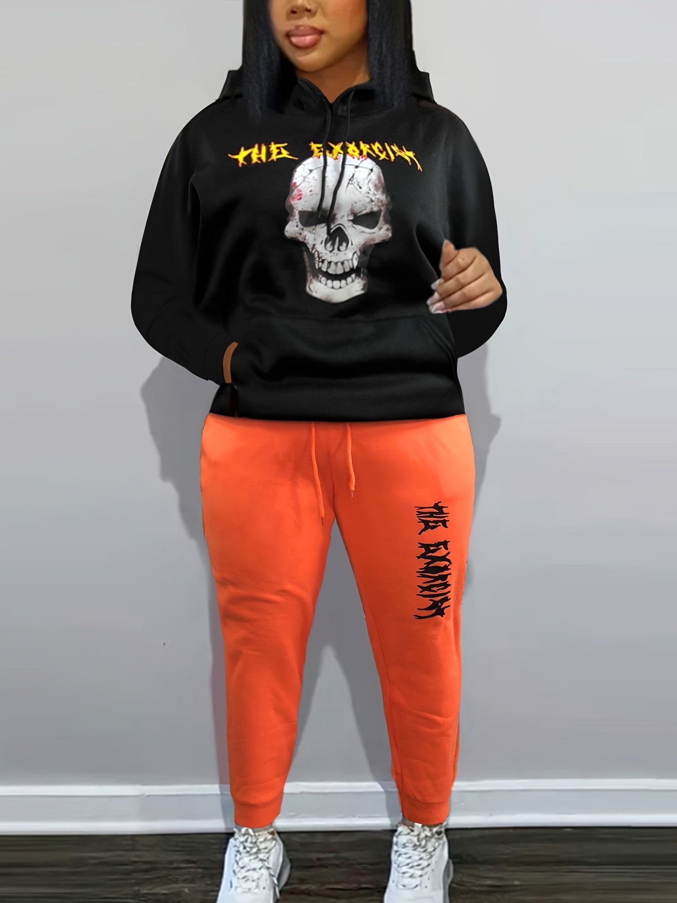 Women's Plus Gothic Skull Print Hoodie & Joggers Set