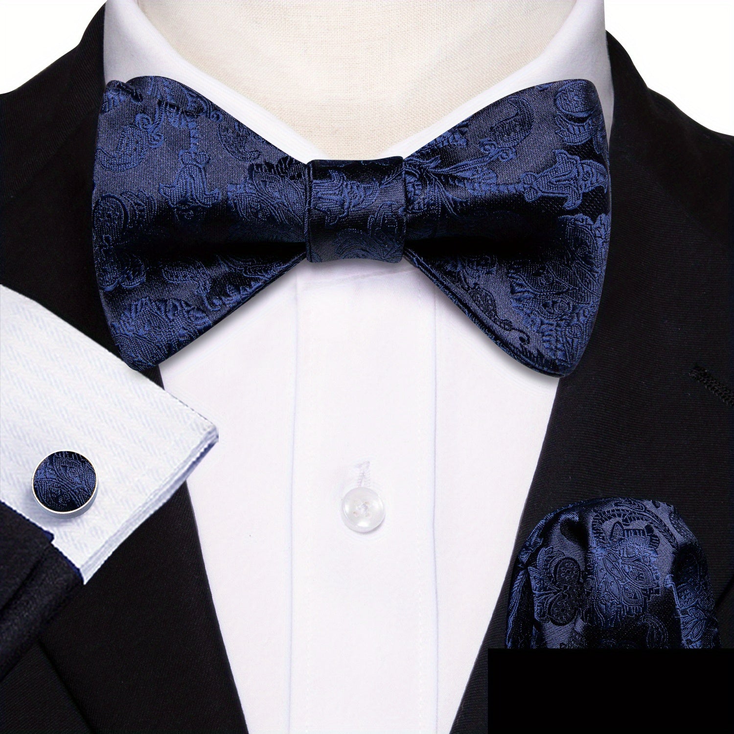 Barry Wang Bow Tie Set Golden Jacquard Floral Self-Tie Bowtie Pocket Square Cuff