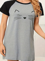 Cat Print Raglan Sleeve Tee Sleep Dress