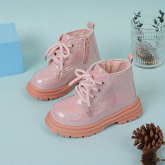 Girls Ankle High Casual Boots, Non Slip Rubber Sole, Easy Zip Up, Moire Pattern