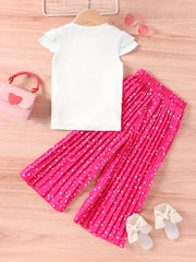 Girls Pretty Girl Graphic Print T shirt & Leopard Wide Leg Pants Set