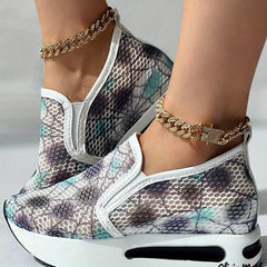 Women's Spider Web Pattern Wedge Sneakers Mesh Slip On Walking Shoes