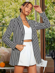 Preppy Houndstooth Button Front Blazer Lapel Long Sleeve Blazer