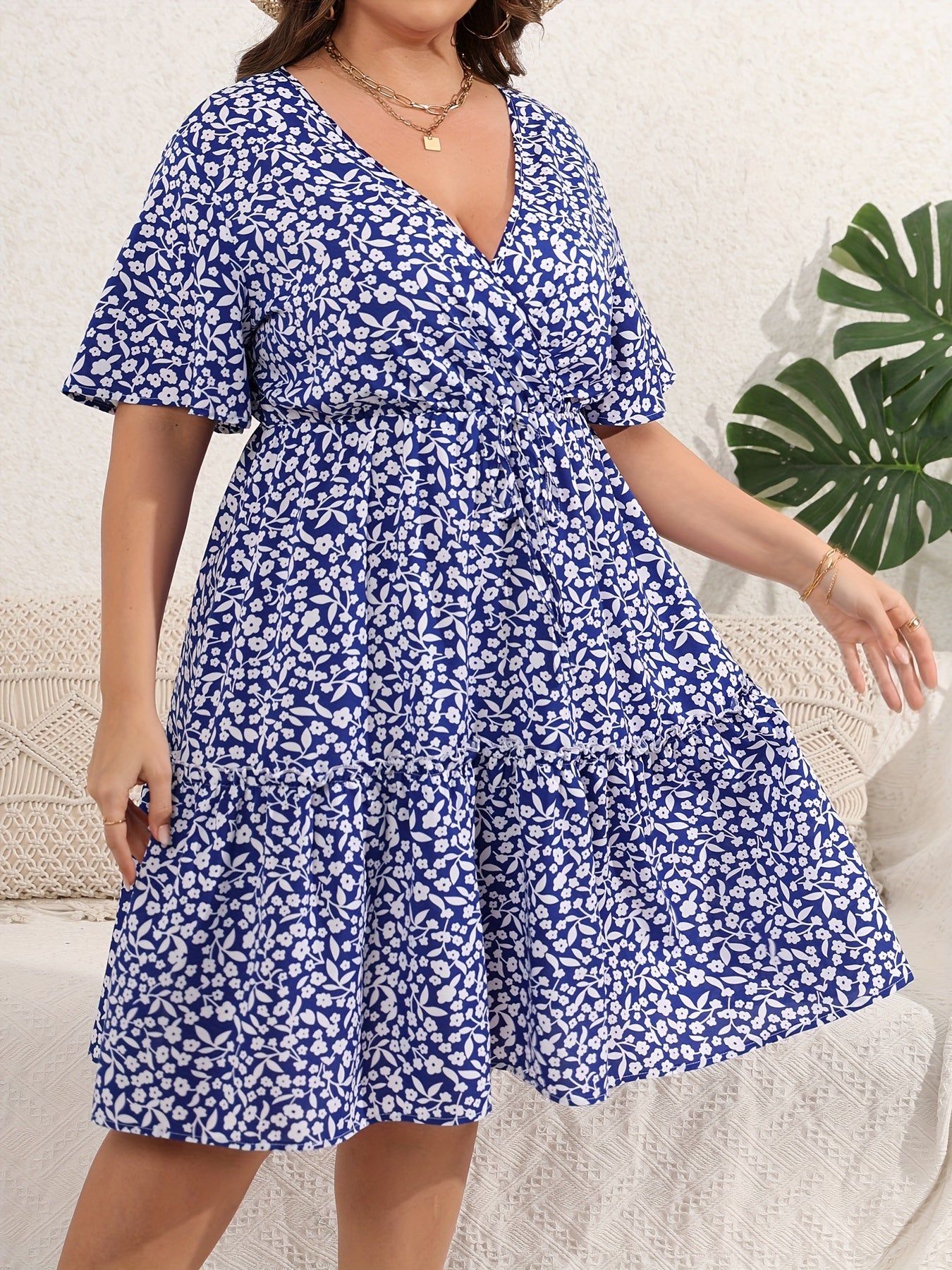 Floral Print Deep V Neck Plus Size Wrap Dress