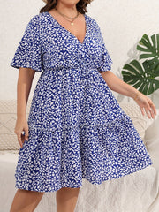Floral Print Deep V Neck Plus Size Wrap Dress