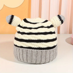 Kids Wool Striped Knit Hat w/ Horn for Daily Use