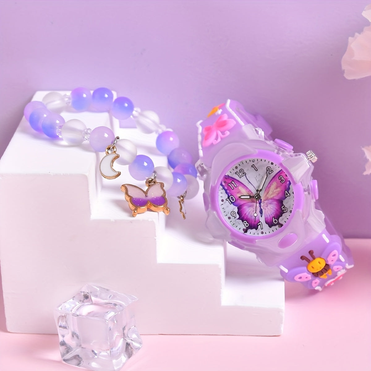 2pcs Girls' Butterfly Watch & Bracelet Set Pink Silicone Band Glow in the Dark