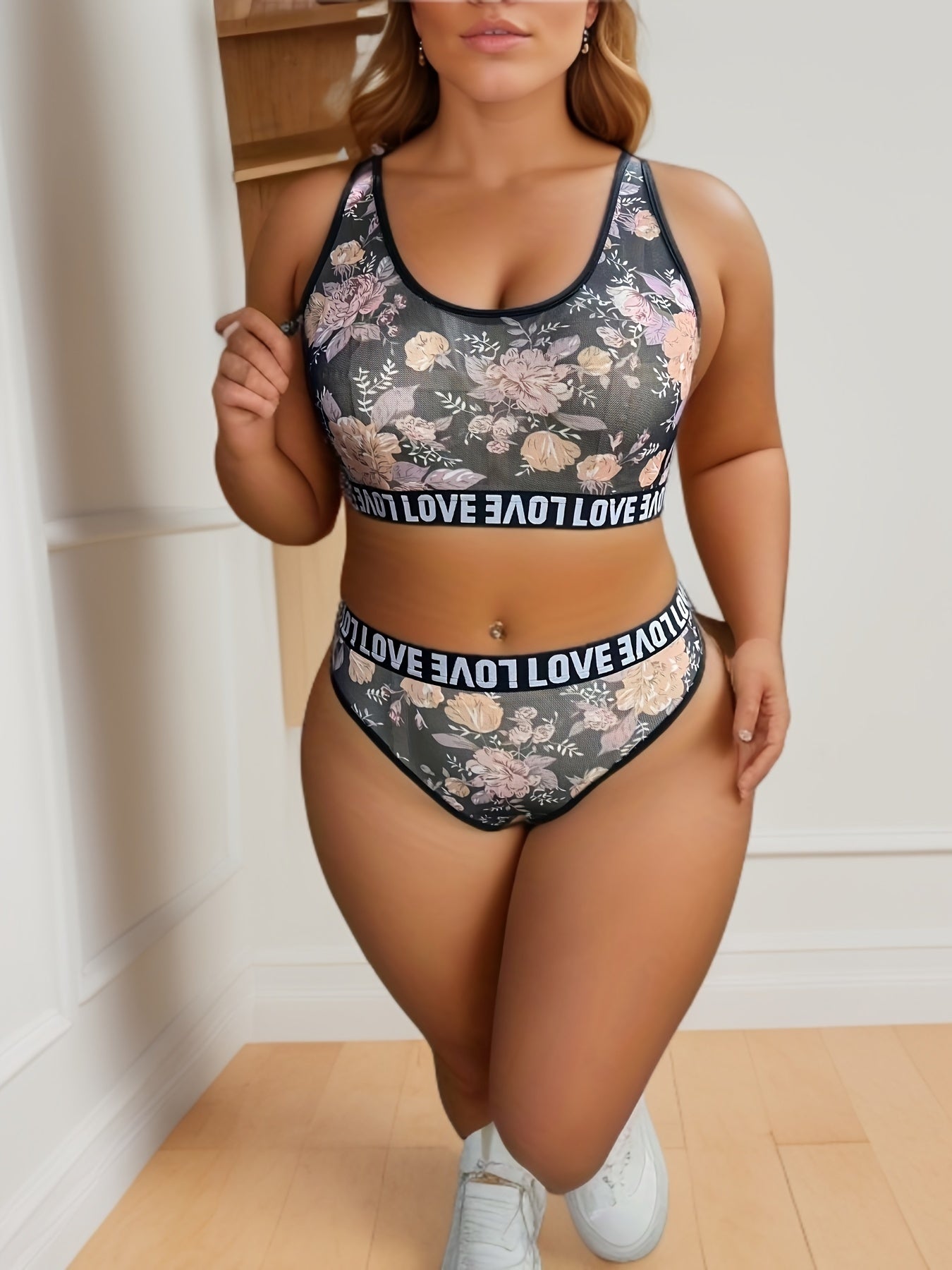 Floral Print Letter Tape Bra & Panty Set