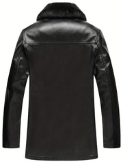 Men's Fleece PU Leather Jacket Button Up Fur Collar Warm Winter Coat