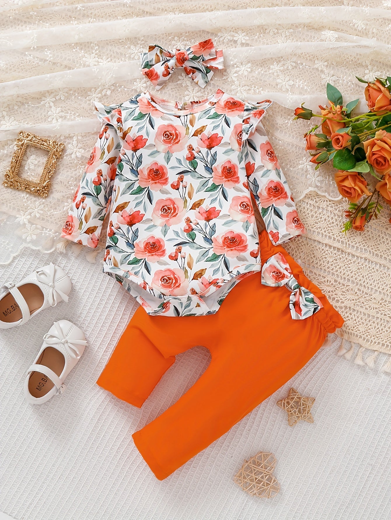Baby Girl Floral Romper & Pants Set with Headband