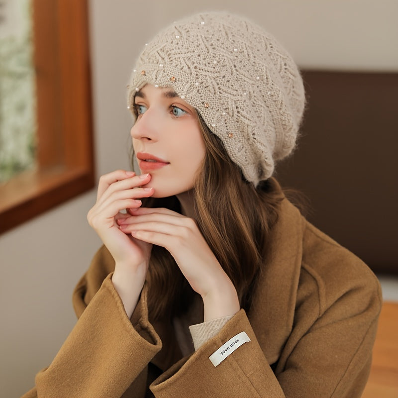 Faux Pearl Decor Knitted Beanie Hat for Her