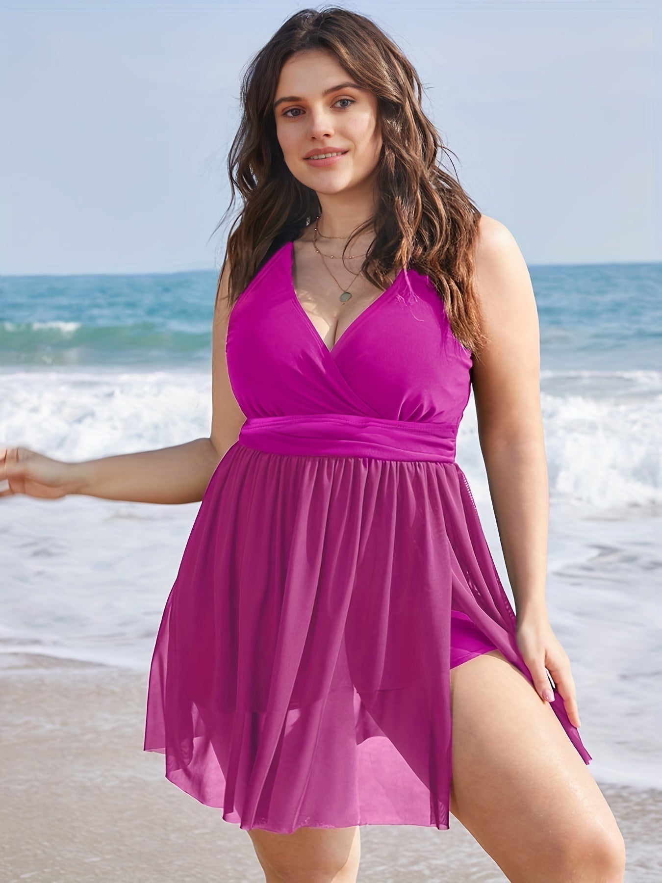 V-Neck Mesh Top & Shorts Swimsuit Two Piece Set