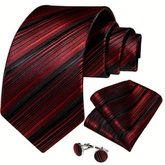 Silk Striped Necktie Red Green Tie Set for Men Wedding